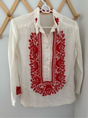 Vintage White Tunic with Red Floral Embroidery